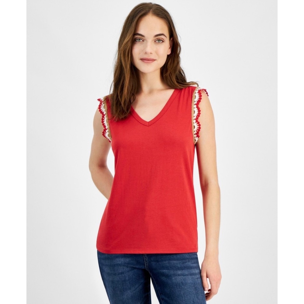 Nautica Jeans Red V-Neck Sleeveless Top Crochet Trim Tank top XS